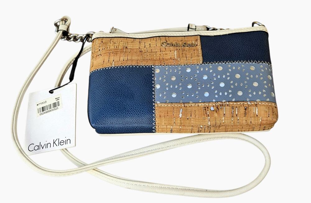 Calvin Klein Blue Cork Patchwork Crossbody Bag Mixed Media Boho NWT